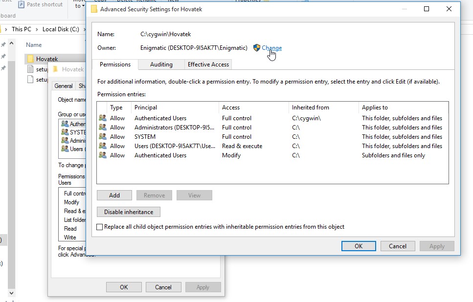 changing files ownership in windows 