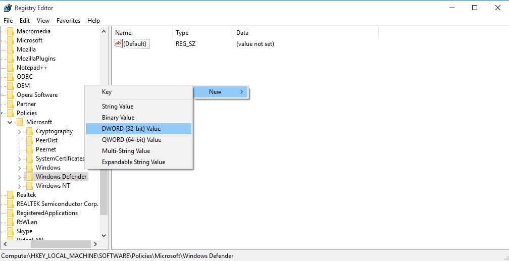 Create new registry key for Windows defender