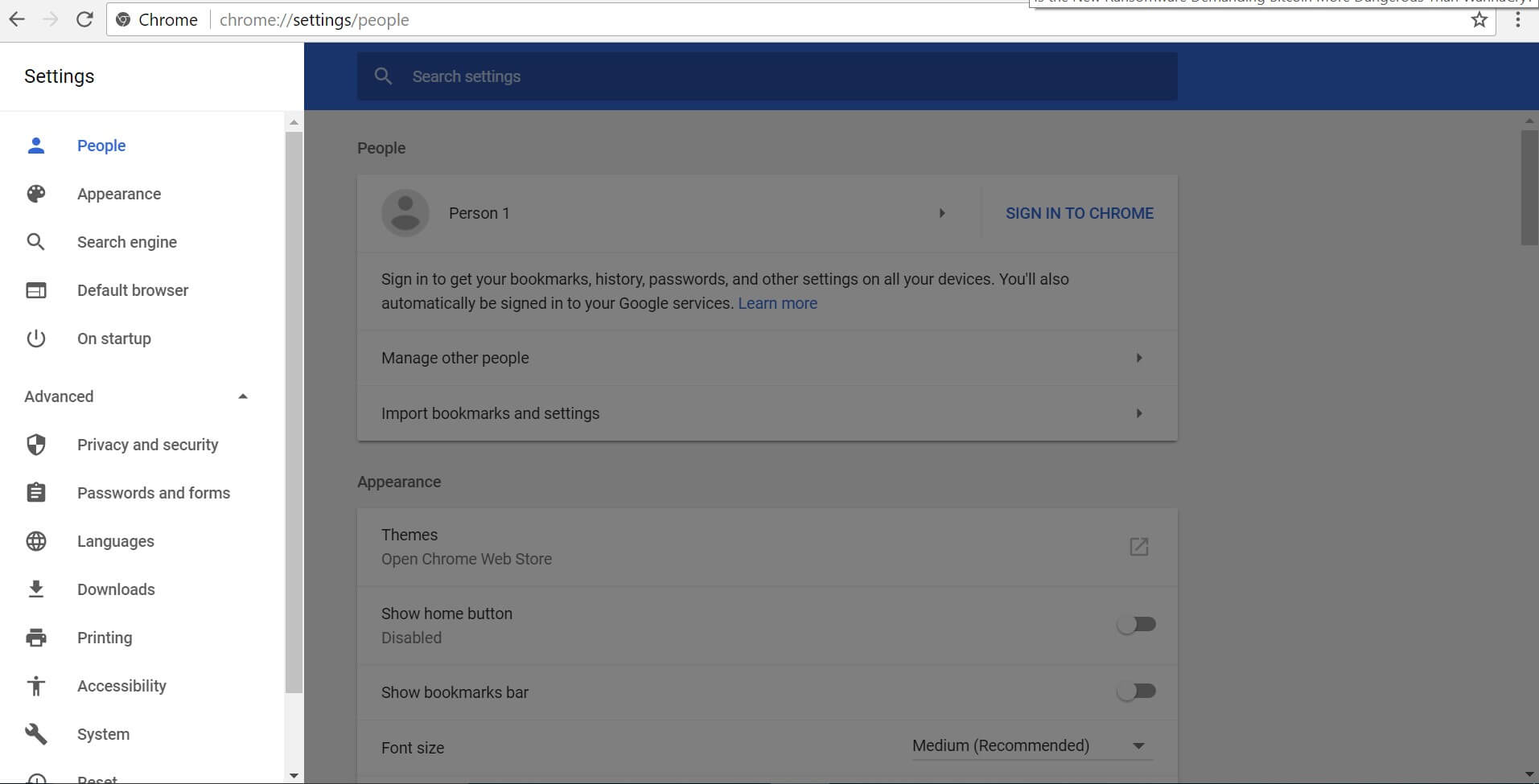 Chrome 59.0.3071.115 stable update settings page