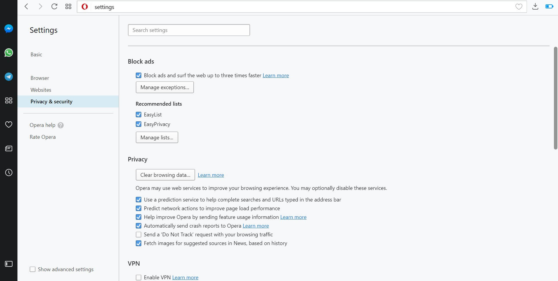 Opera 46.0.2597.32 Stable update settings page