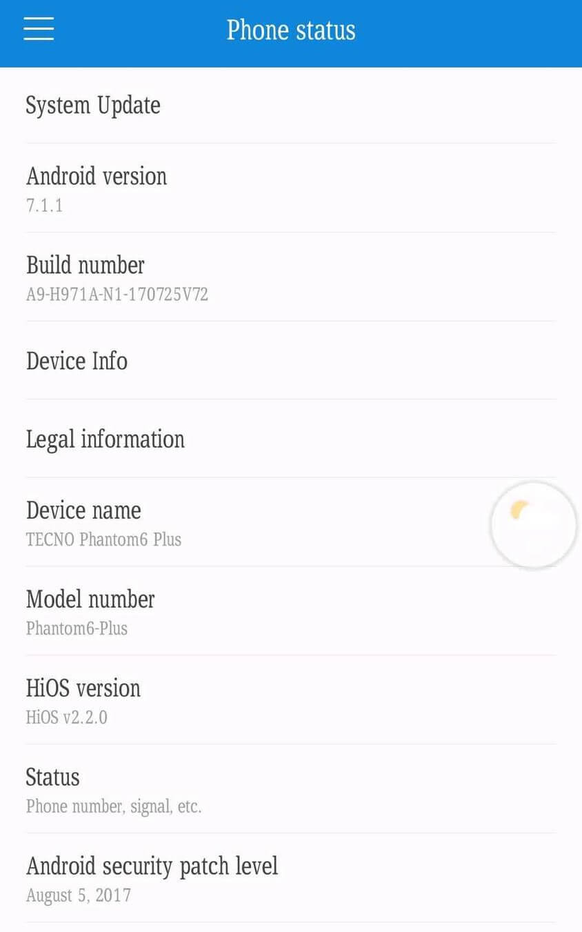 Proof of Tecno Phantom 6 Plus successfully updated to Nougat