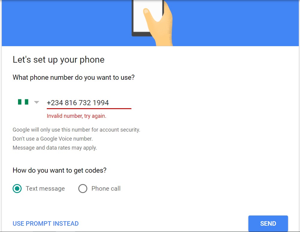 Google 2-step verification nigeria phone number error