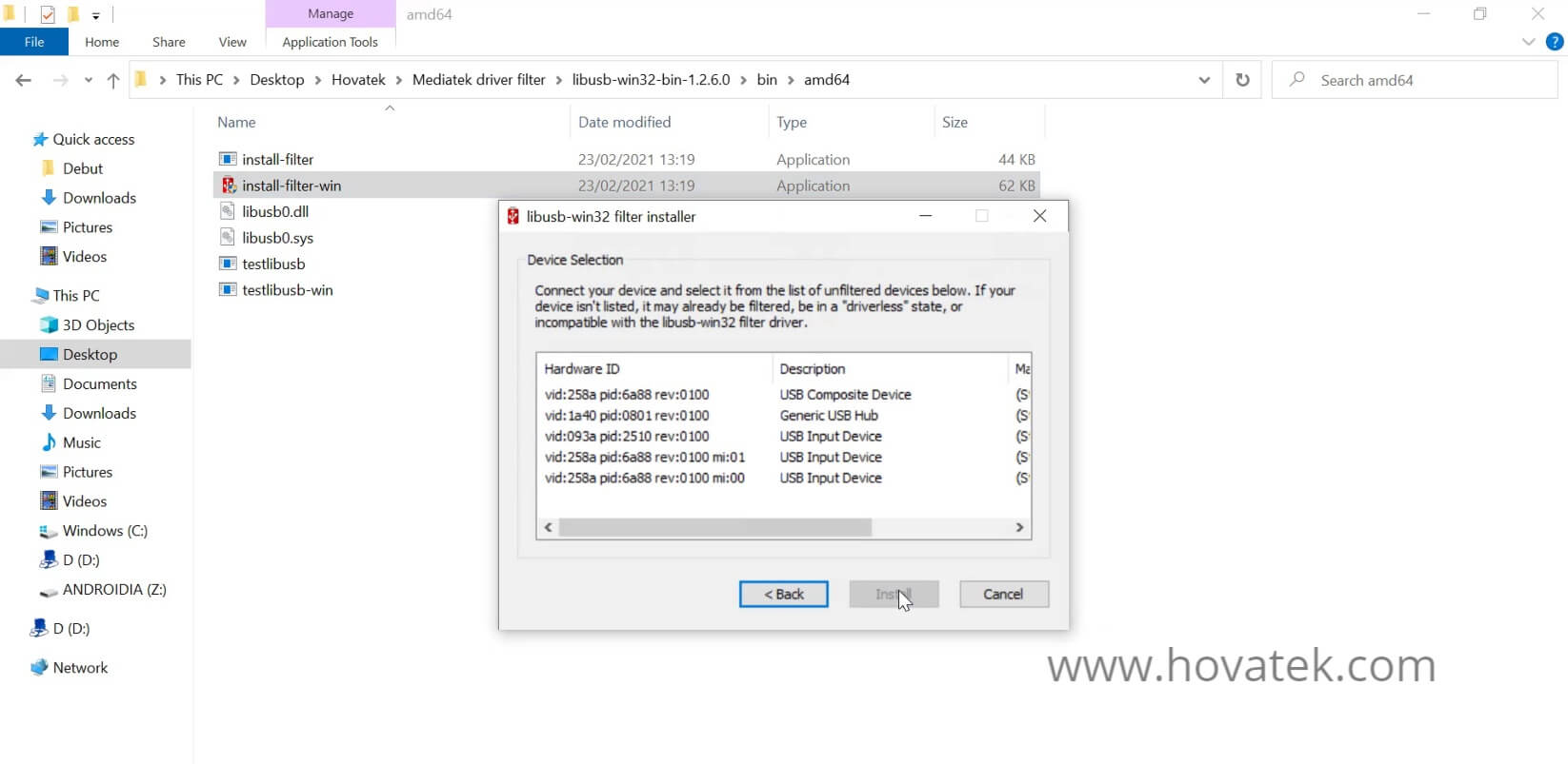 How to install driver filter for Mediatek using libusb