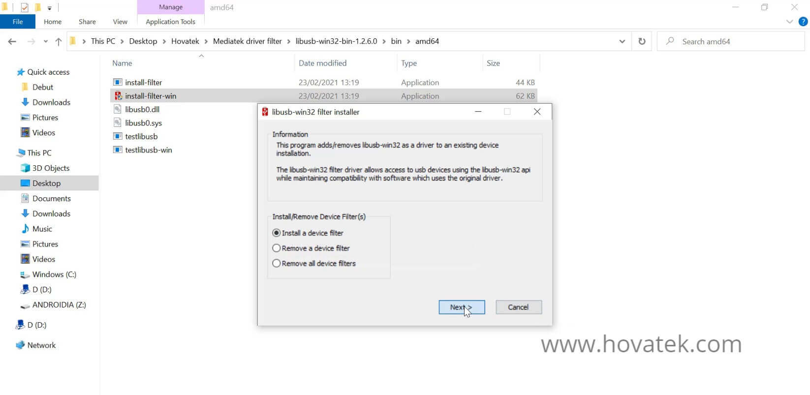 How to install driver filter for Mediatek using libusb