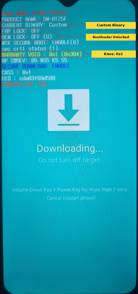 Samsung Galaxy A12 Download Mode showing Current Binary Custom, OEM Lock OFF U and Warranty Void 0x1 after Magisk flash