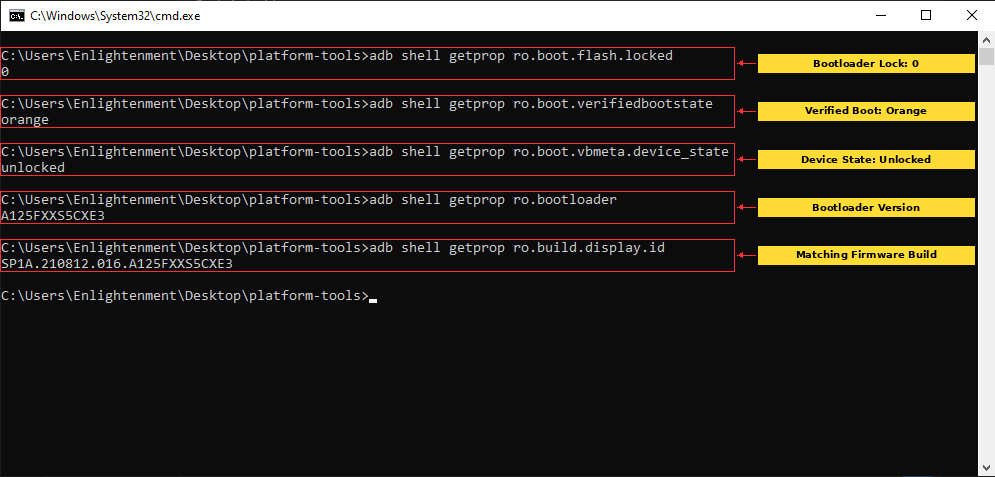 ADB showing Galaxy A12 flash locked 0, orange verified boot and vbmeta device state unlocked after restoring stock firmware