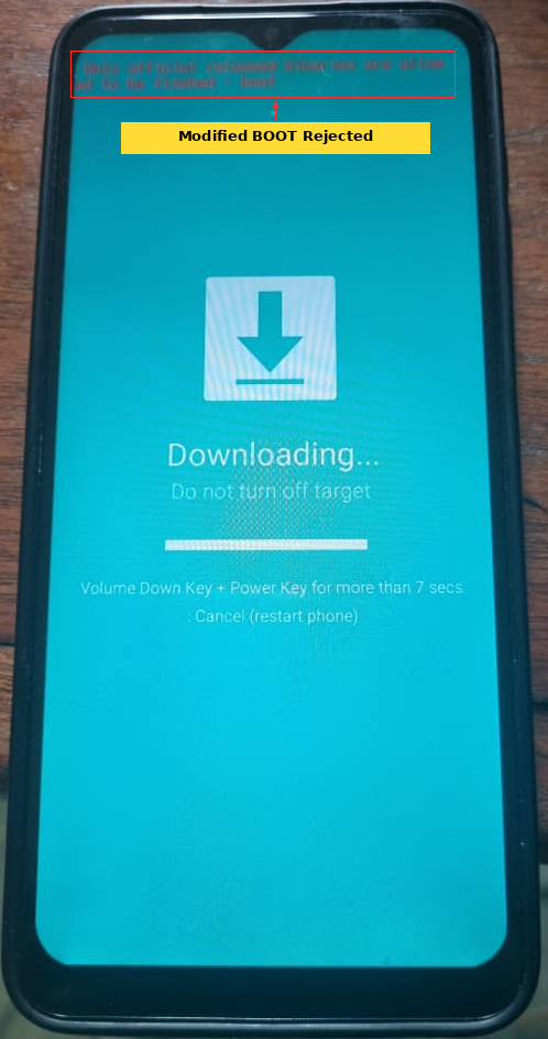 Samsung Galaxy A12 Download Mode showing Only official released binaries are allowed to be flashed BOOT