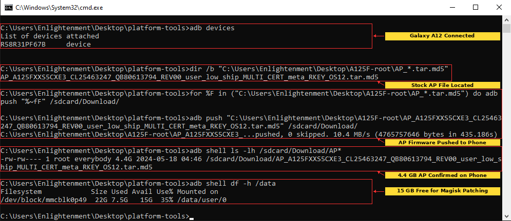 ADB successfully pushing the 4.4 GB Samsung Galaxy A12 AP firmware file to Downloads and confirming 15 GB free storage