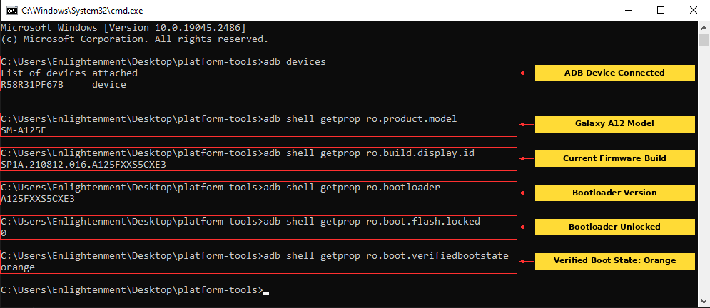 ADB commands showing Samsung Galaxy A12 SM-A125F build A125FXXS5CXE3 with flash locked 0 and orange verified boot state