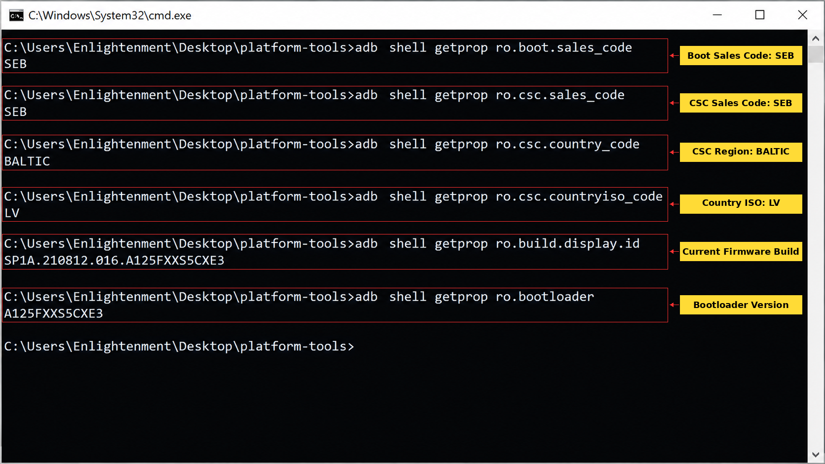 ADB output showing Samsung Galaxy A12 CSC SEB, BALTIC region, LV country ISO and A125FXXS5CXE3 firmware build