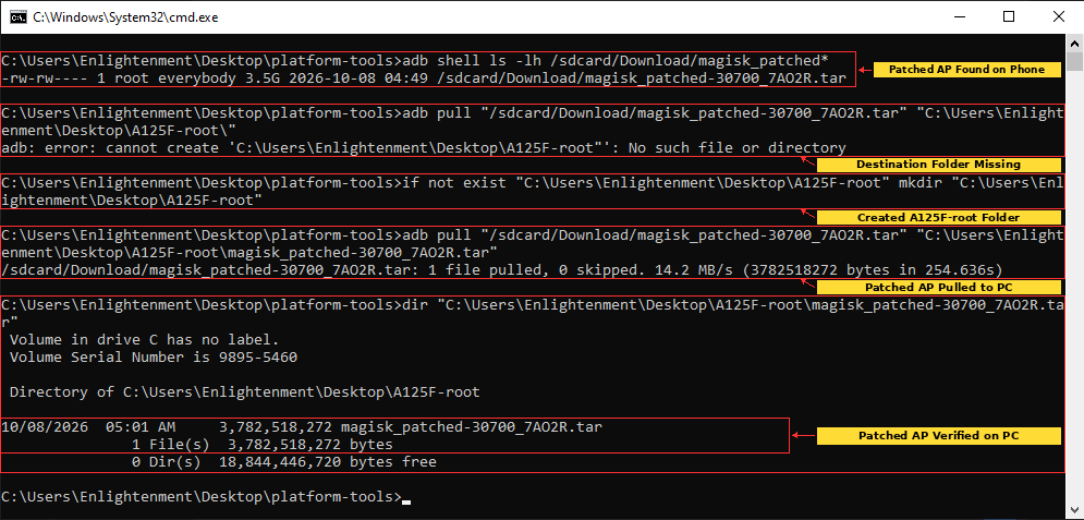 ADB pulling Magisk patched Samsung Galaxy A12 AP tar back to Windows and verifying the 3.78 GB file