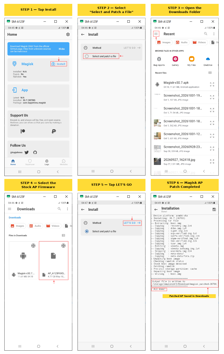 Step by step Magisk process selecting the Samsung AP firmware and creating a Magisk patched AP on Galaxy A12