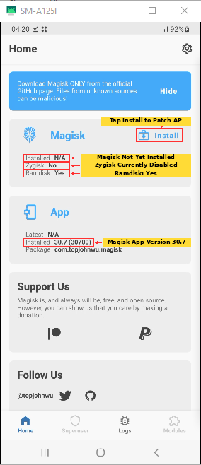 Magisk 30.7 on Samsung Galaxy A12 showing Installed N/A, Zygisk No and Ramdisk Yes before patching AP firmware