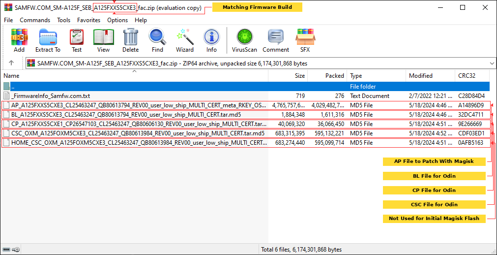 Samsung Galaxy A12 firmware archive in WinRAR showing AP, BL, CP, CSC and HOME_CSC files before Magisk patching